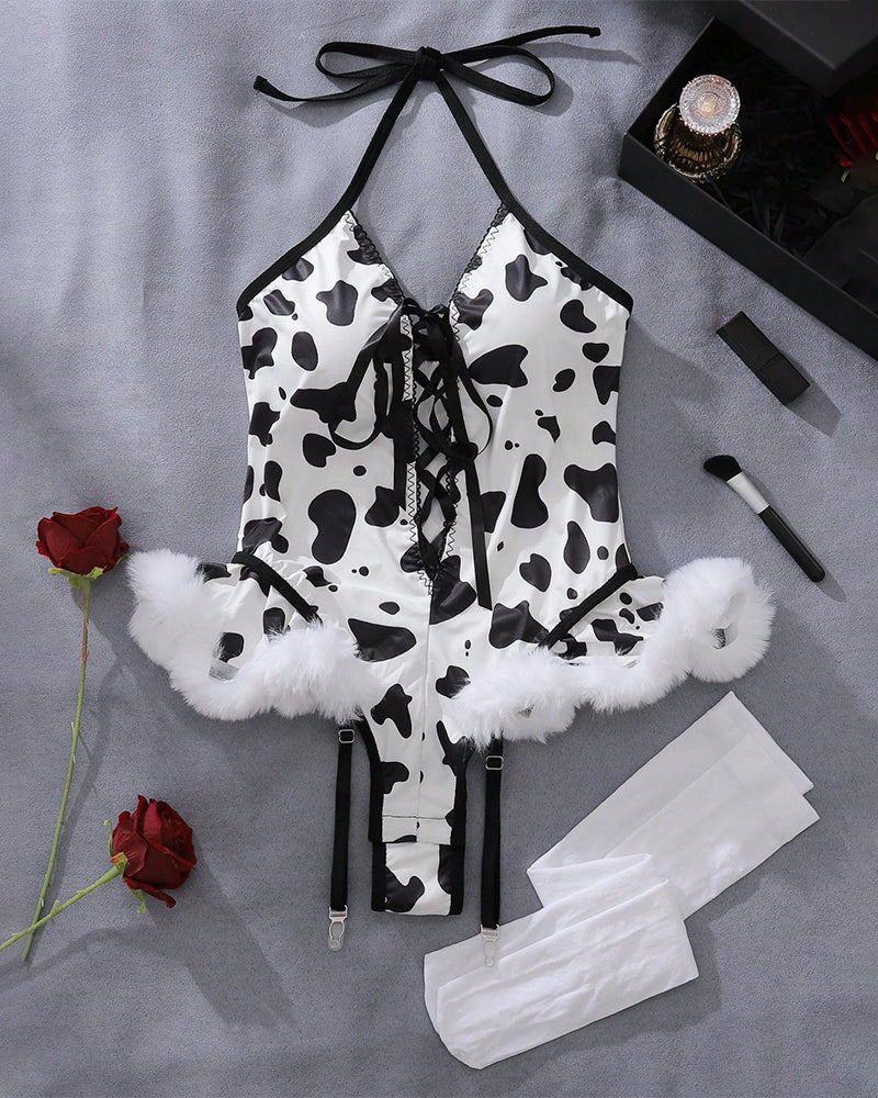 ⚡Flash Sale-Lace Up Halter Bodysuit with Stockings