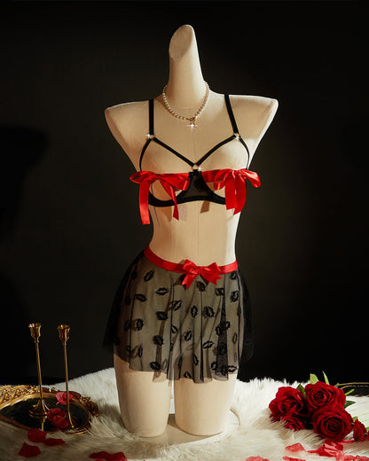 Black Bra with Red Bows & Kiss-Print Skirt Set