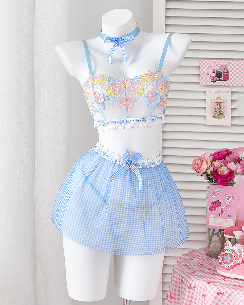 Flower Lace Sheer Bralaces Mesh Plaid Skirt Set