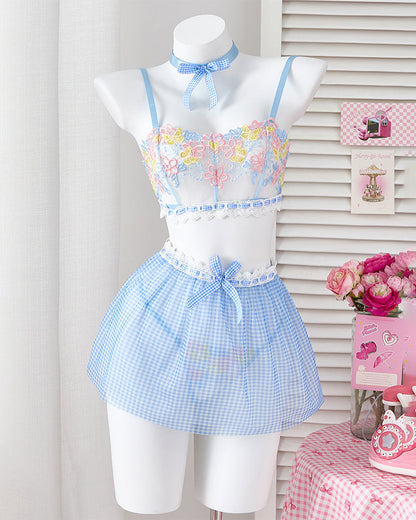 Flower Lace Sheer Bralaces Mesh Plaid Skirt Set