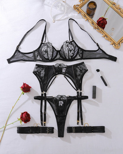 Sheer Embroidered Floral Lingerie Set with Garter Belt