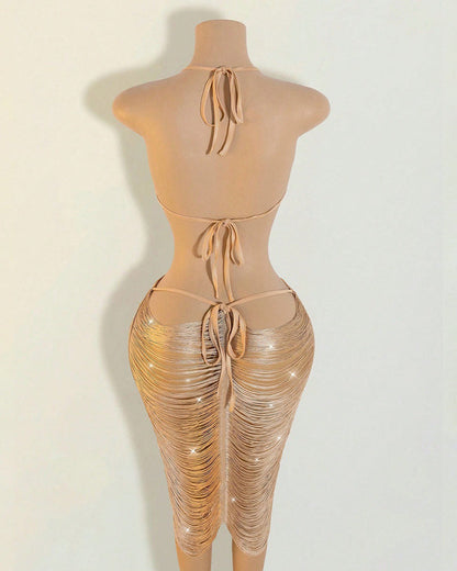 Fringe Halter Midi Dress Cut-Out Tassel Bodycon