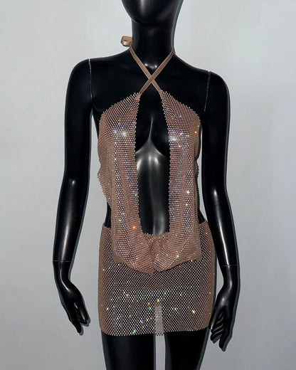 Rhinestone Crystal Plunge Crop Top & Mini Skirt Set