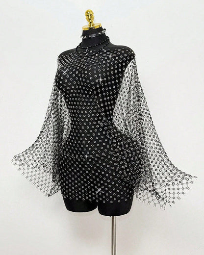 Rhinestone Flowing Long Sleeves Cape Top Cover Up