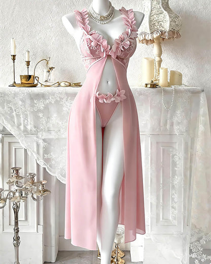 Floral Lace Sheer Mesh Maxi Skirt & Thong Set