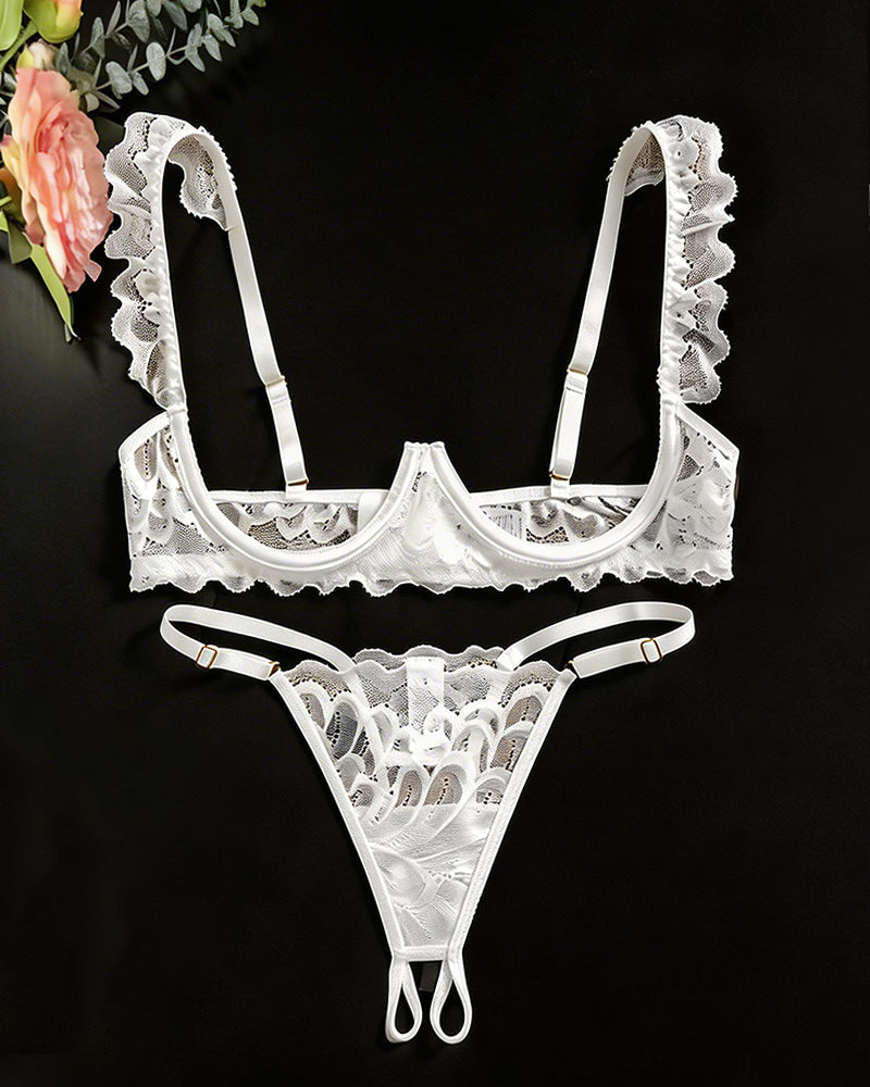 Cupless Lace Bra and Crotchless Thong Set – Scalloped Ruffle Strap Lingerie