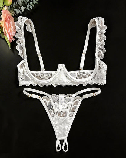 Cupless Lace Bra and Crotchless Thong Set – Scalloped Ruffle Strap Lingerie