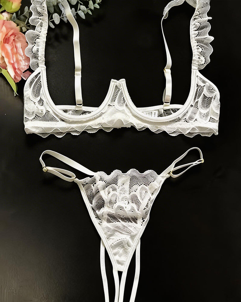 Cupless Lace Bra and Crotchless Thong Set – Scalloped Ruffle Strap Lingerie