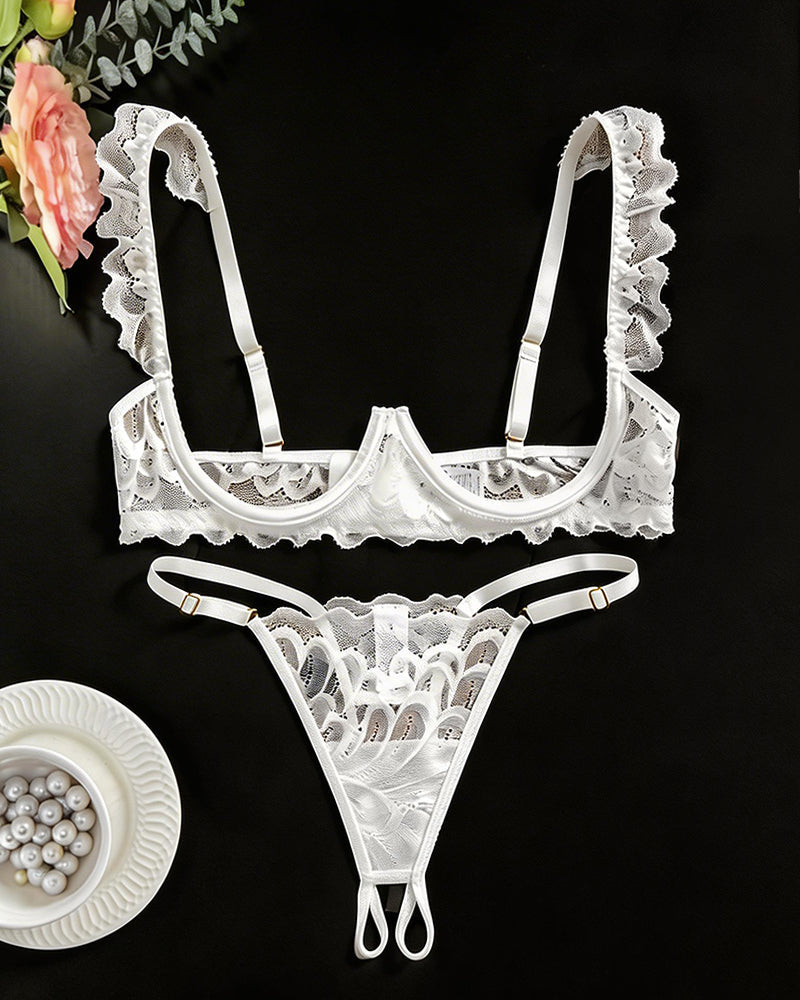 Cupless Lace Bra and Crotchless Thong Set – Scalloped Ruffle Strap Lingerie