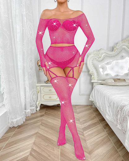 Sexy Rhinestone Fishnet Long-Sleeved Skirt Set