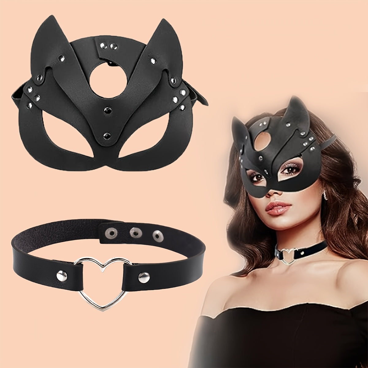 Punk Cat Face Mask 2pcs Cosplay Set Adjustable Leather Collar