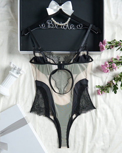 Sexy Mesh See-Through Lace Patchwork Colorblock Bodysuit
