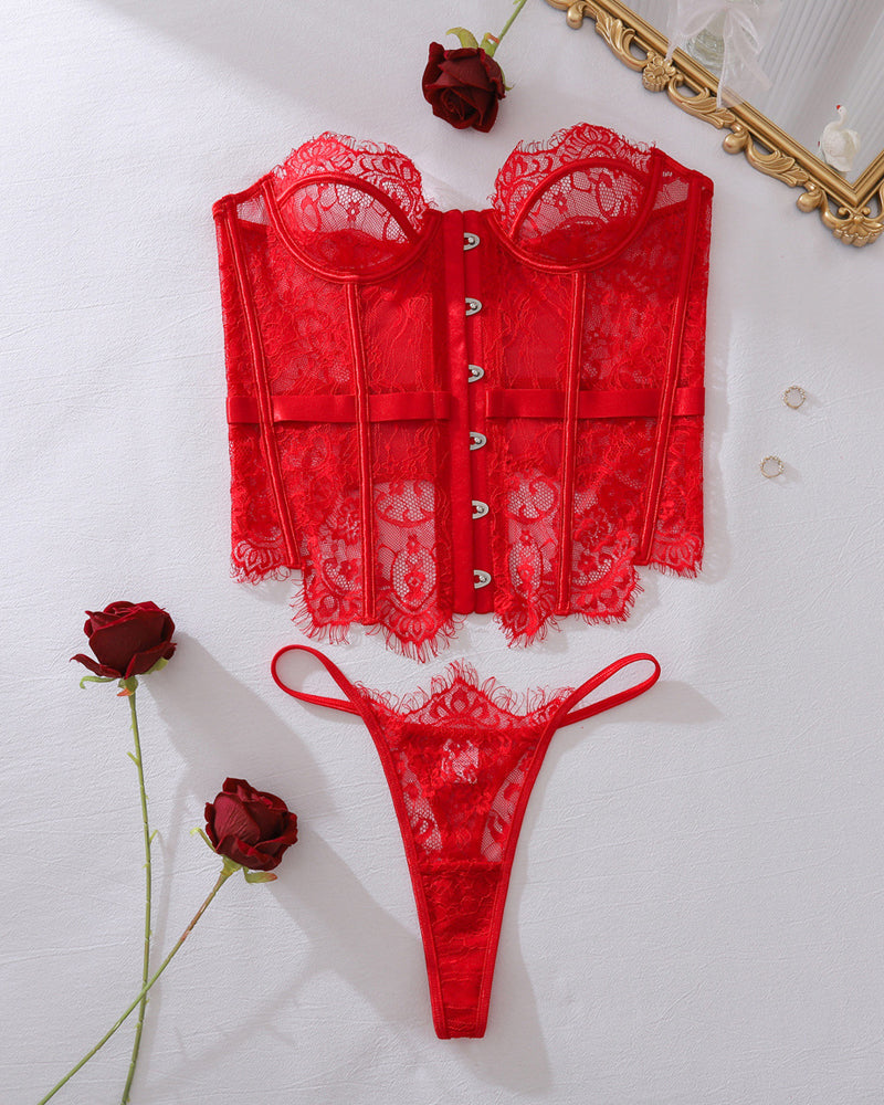 Sexy Sheer Floral Lingerie Set – Hollow Back Bra & High-Waist Brief with Stockings