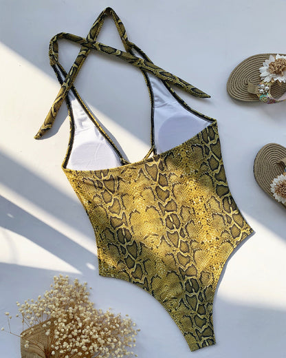 Snake-print Cutout Halter Neck Strap One-piece Swimsuit