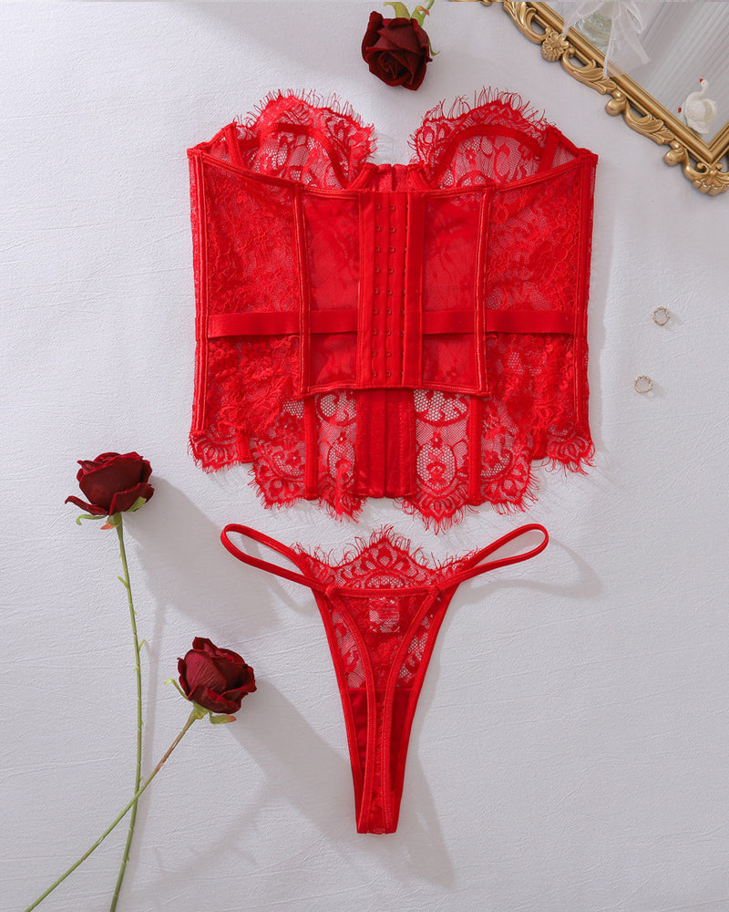 Sexy Sheer Floral Lingerie Set – Hollow Back Bra & High-Waist Brief with Stockings