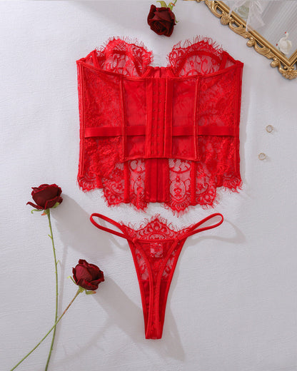 Sexy Sheer Floral Lingerie Set – Hollow Back Bra & High-Waist Brief with Stockings