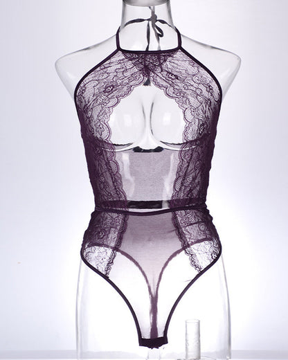 Sexy Lace Mesh Openwork Halter Bodysuit