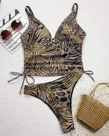 Women's Sexy Retro Deep V Leopard Print Bikini Swimsuit Set