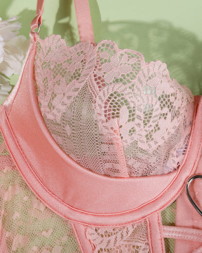 Sexy Lace See-Through Heart-Shaped Buckle Lingerie Set